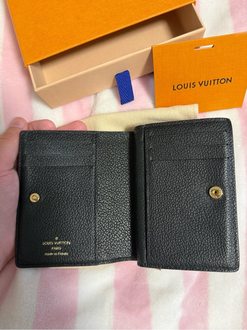 Louis Vuitton Black Pebbled Leather Bifold Wallet with Gold Hardware